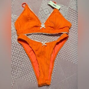 Seamoly Ribbed Orange Triangle Bikini Set with White Trim